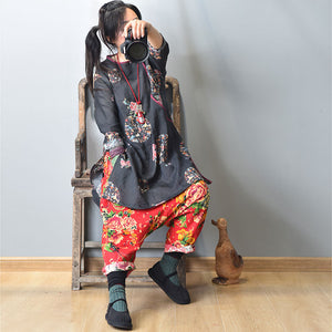 100% Ramie Linen Women Tunic with Vintage Print, Linen Dress, linen Long Blouse women in Chinese Traditional Style 231911t