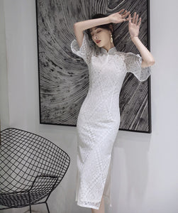 Off Shoulder Lace Cheongsam Midi Dress with Half Sleeves HQ2577