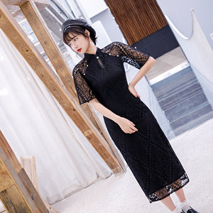 Off Shoulder Lace Cheongsam Midi Dress with Half Sleeves HQ2577