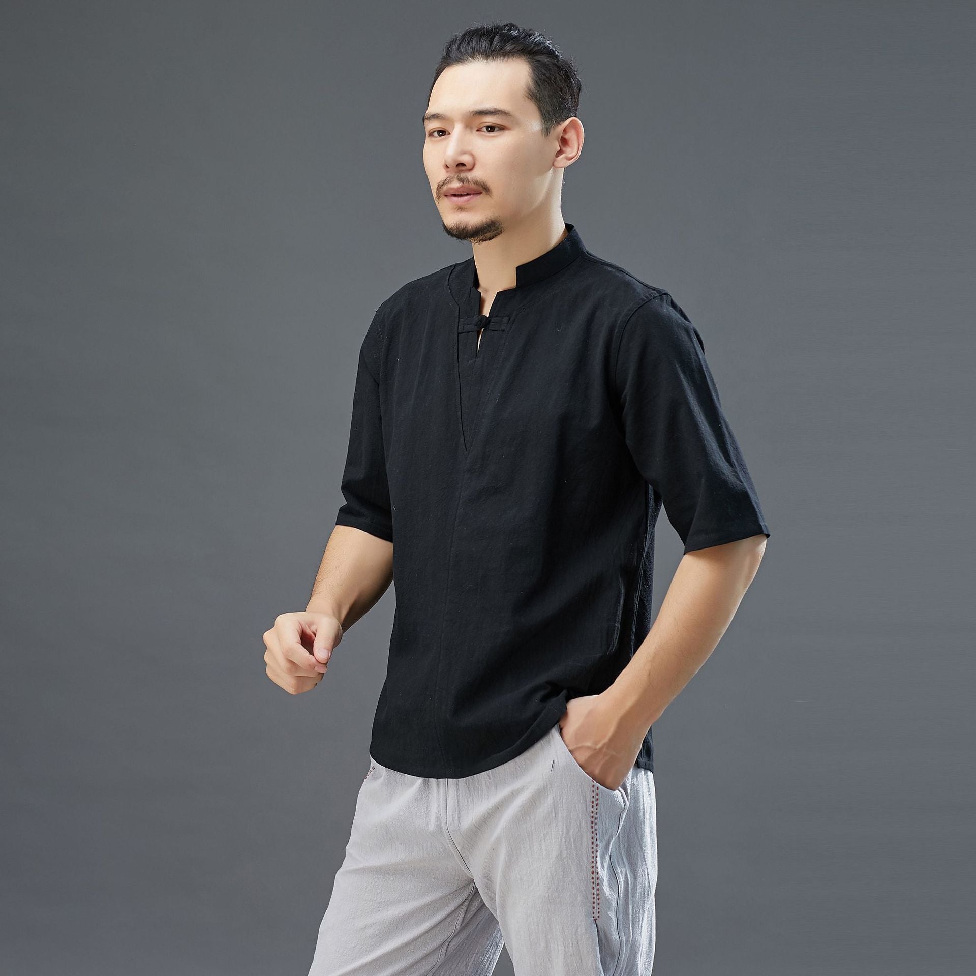Herren Leinen-Baumwoll-T-Shirt im Hanfu-Stil 230521g