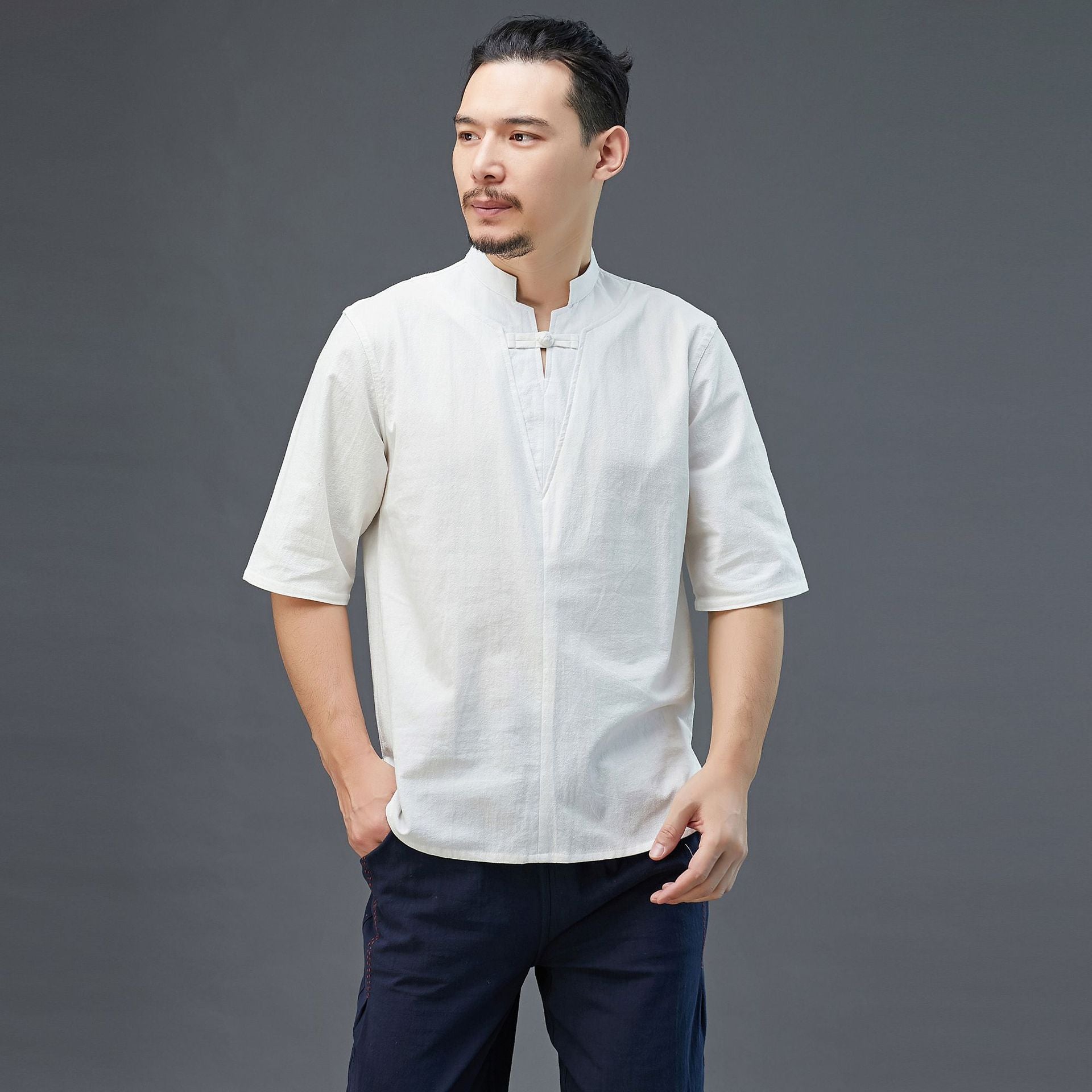 Herren Leinen-Baumwoll-T-Shirt im Hanfu-Stil 230521g