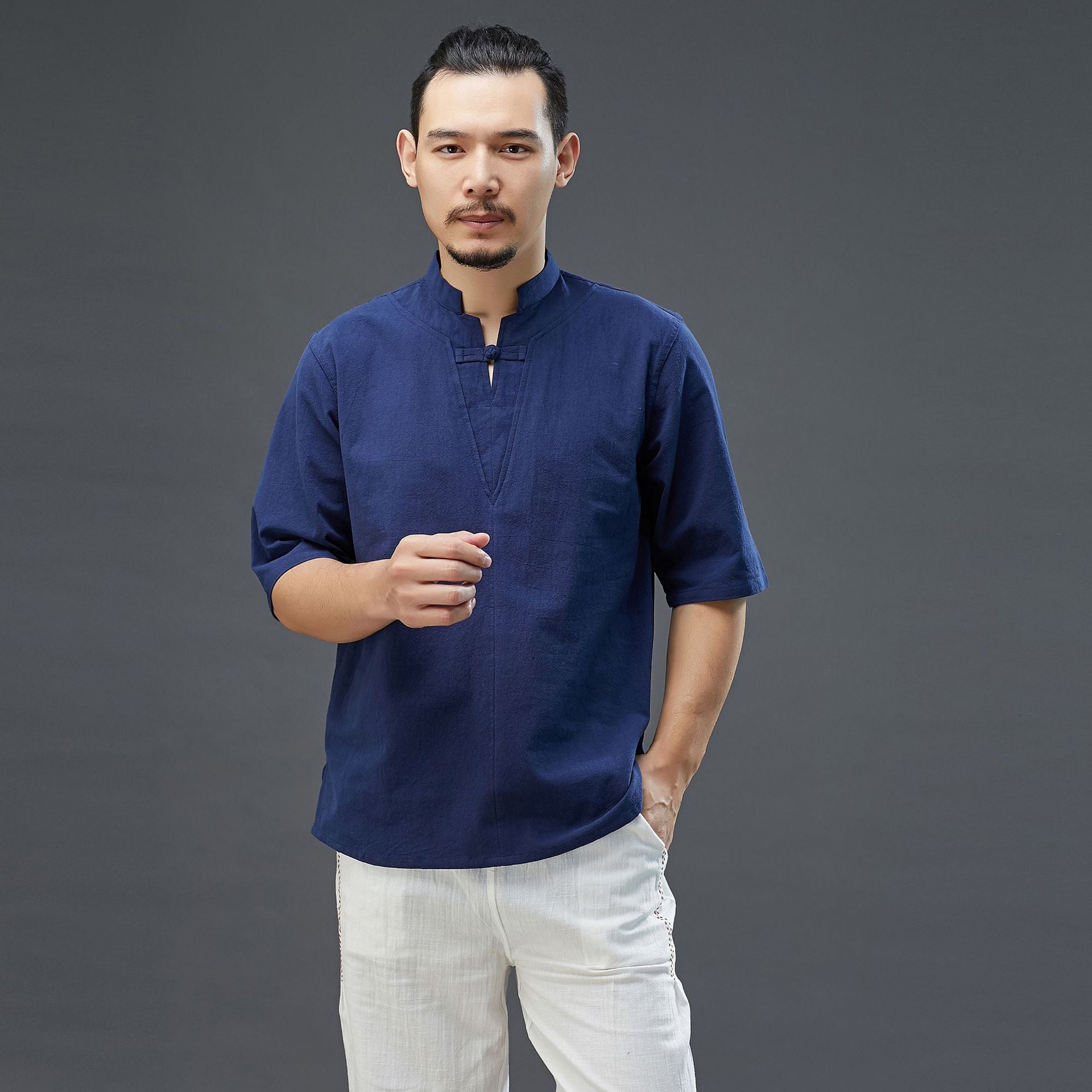 Men Linen Cotten T shirt in Hanfu style 230521g