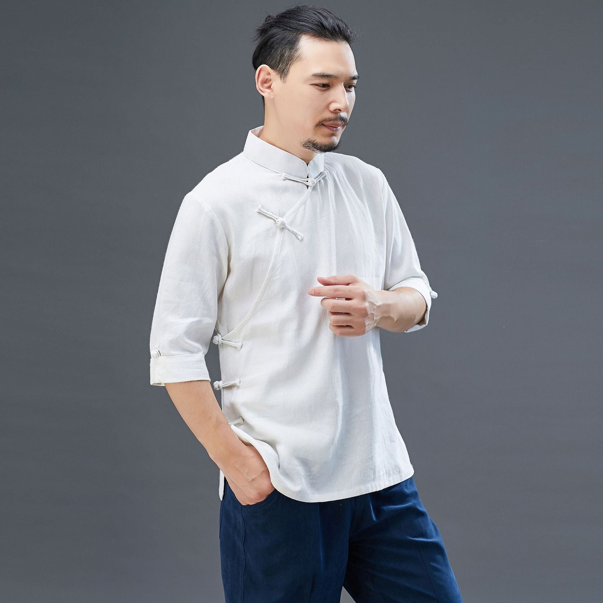 Herren Leinen-Baumwoll-T-Shirt im Hanfu-Stil 230521h