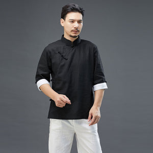 Men Linen Cotten T shirt in Hanfu style 230521h