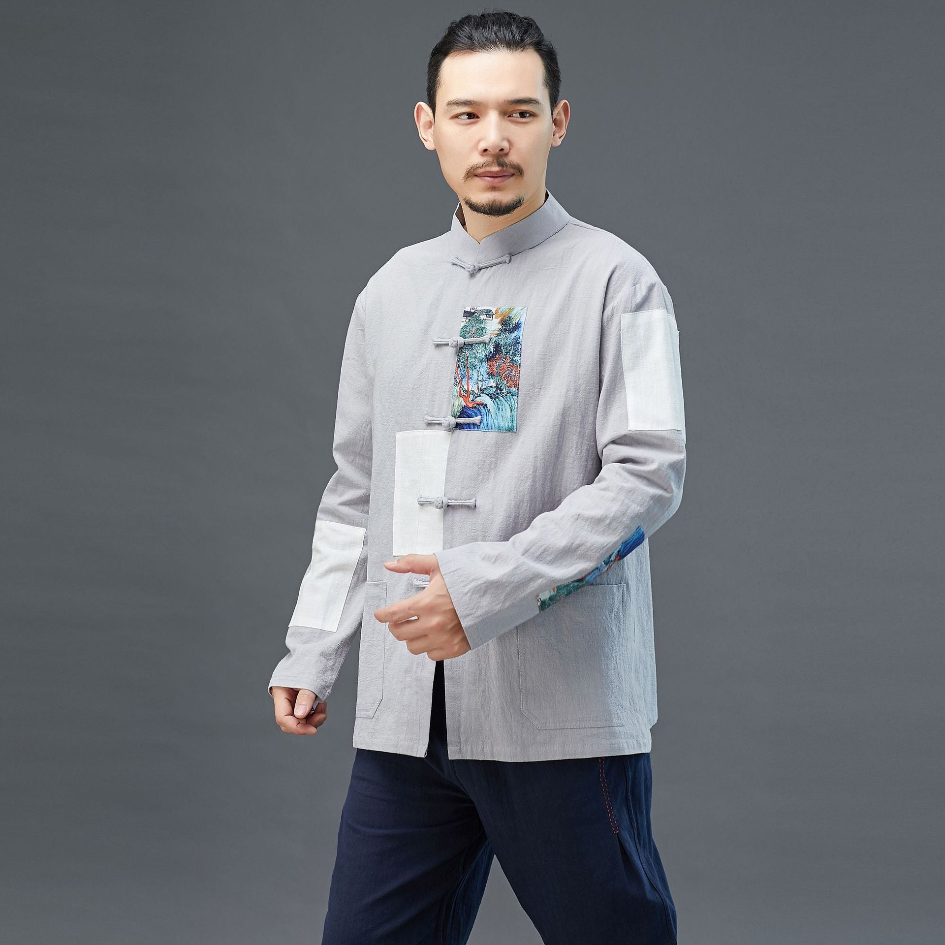 Men Linen Cotton Hanfu in Patchwork Style 230521j