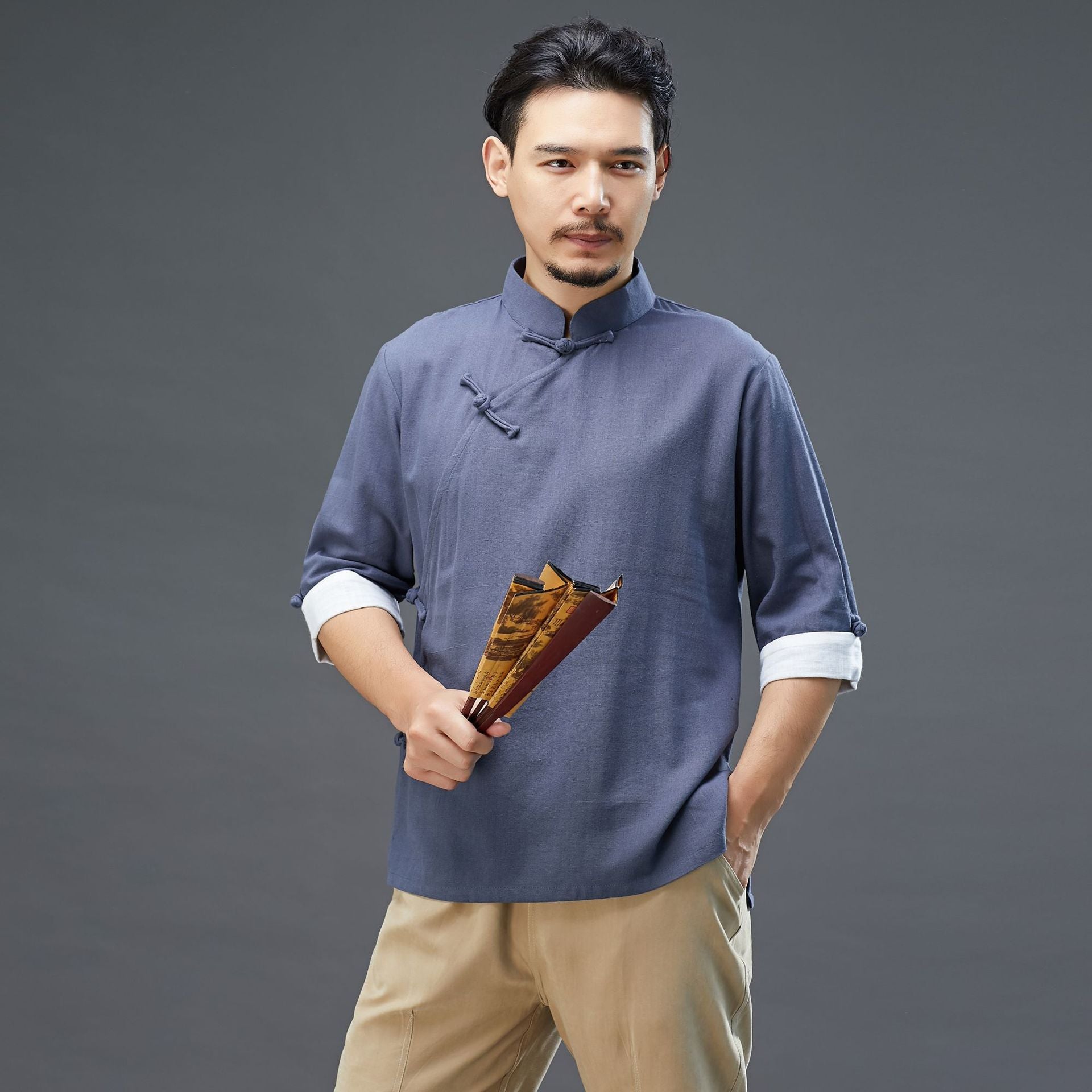 Herren Leinen-Baumwoll-T-Shirt im Hanfu-Stil 230521h