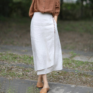 100% Linen Women Wrap Skirt with Buttons Decoration 232124a