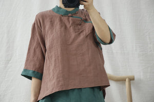 100% Ramie Women Blouse with Handwoven Buckle Button 010721a