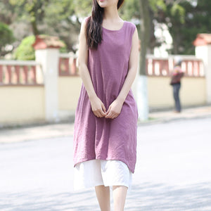 Double Layered Linen midi dress women in two colors with pockets, linen overall dress 230046k