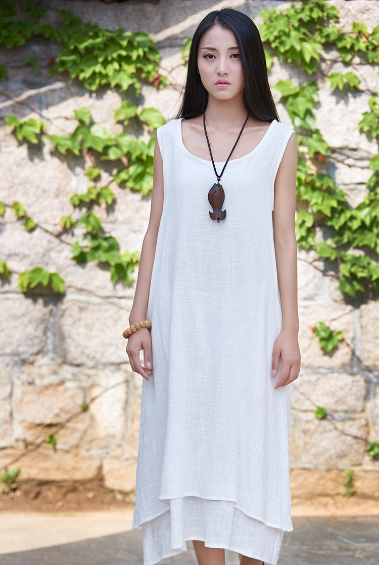Linen Cotton Women Dress with Layer Details LIZIQI inspired 110321a