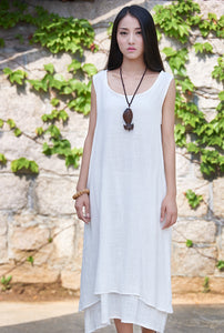 Linen Cotton Women Dress with Layer Details LIZIQI inspired 110321a