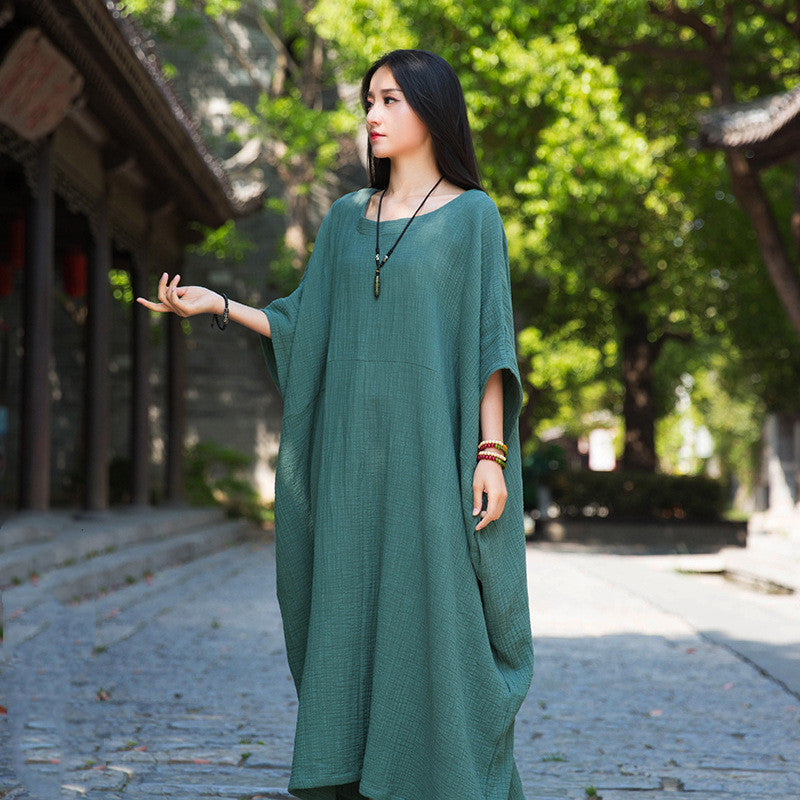 Linen Cotton Women Dress with Batwing Sleeve 020121a