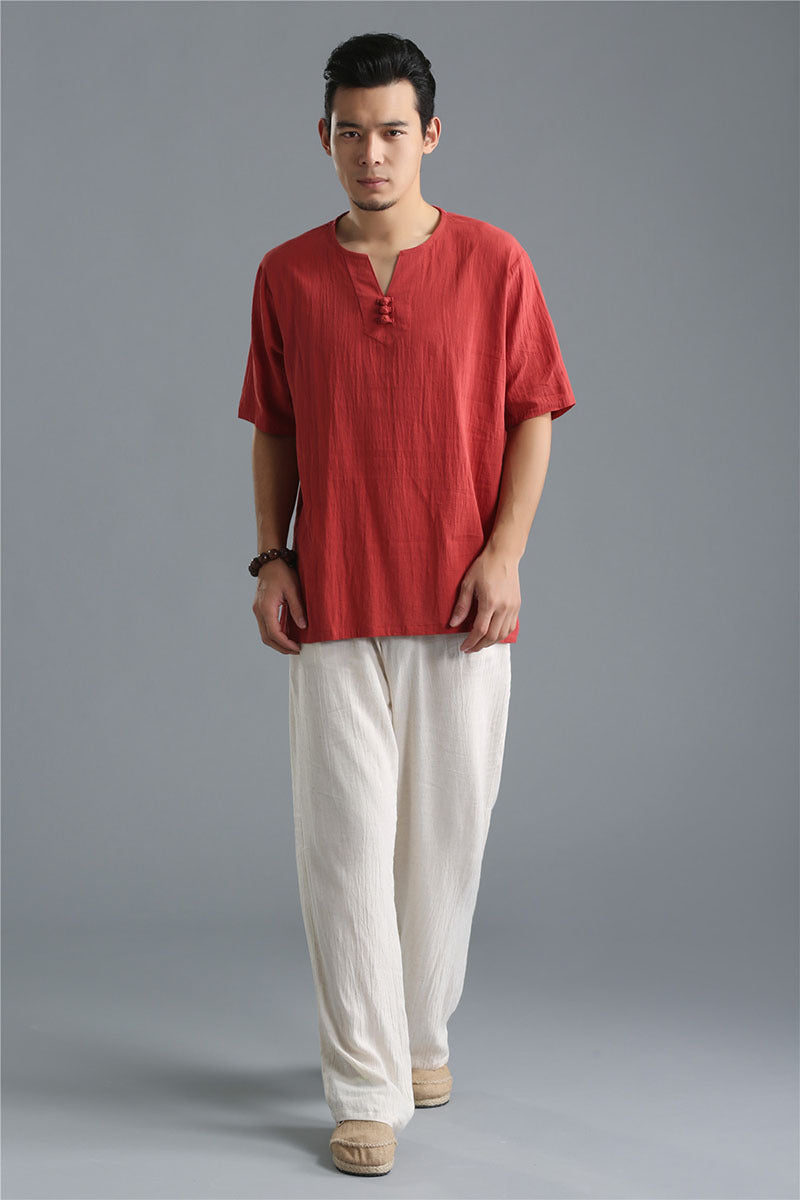 Men Linen Cotten T shirt in Hanfu style 000221b