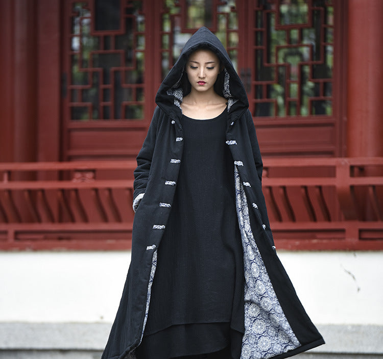 Thick Linen Cotton Women Quilted Hoodie Jacket, Chinese style Hanfu Coat with Hood, liziqi 224010s