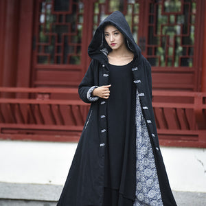 Thick Linen Cotton Women Quilted Hoodie Jacket, Chinese style Hanfu Coat with Hood, liziqi 224010s