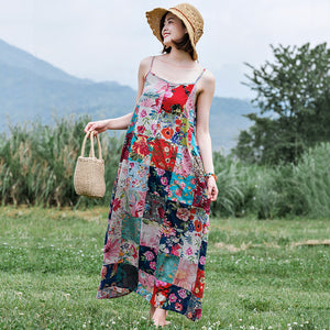 Patchwork Maxi Dress with Sparghetti String 092355a