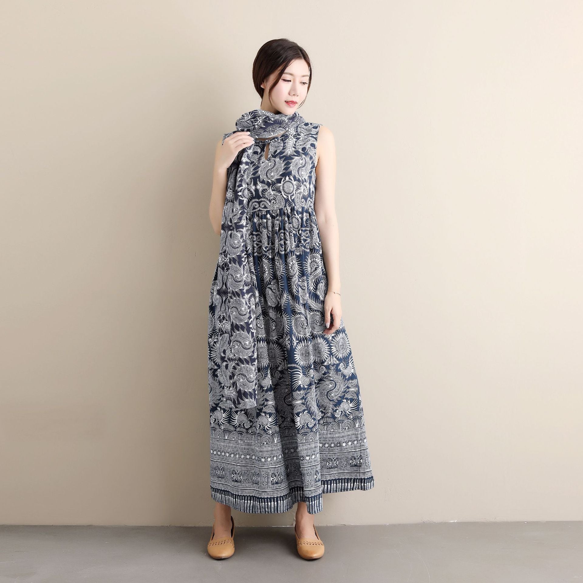 Linen Cotton Women Dress with Scarf in Retro Print 250521p