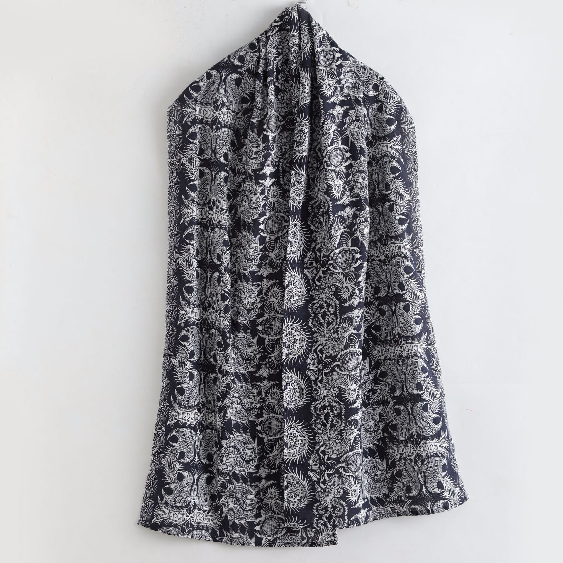 Damenkleid aus Leinen und Baumwolle mit Schal im Retro-Print 250521p