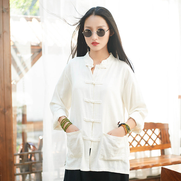 Linen Women Blouse with Chinese Traditional Buckle Details 180521d