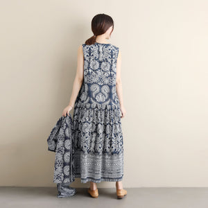 Linen Cotton Women Dress with Scarf in Retro Print 250521p