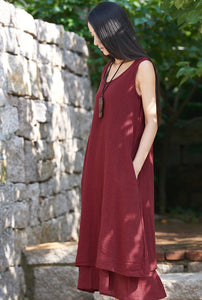 Leinen-Baumwoll-Damenkleid mit Lagendetails LIZIQI inspiriert 110321a
