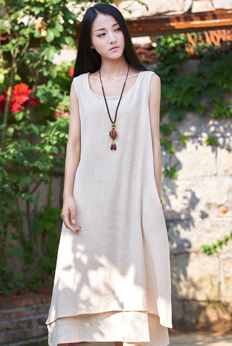Leinen-Baumwoll-Damenkleid mit Lagendetails LIZIQI inspiriert 110321a