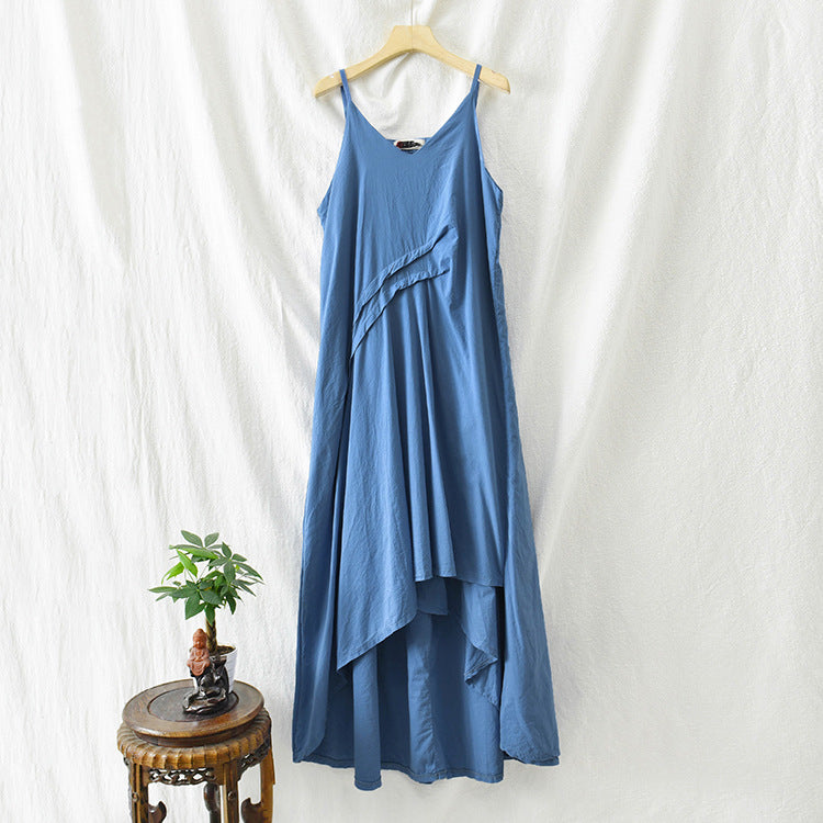 Linen Cotton Irregular Maxi Dress with Sparghetti String 010421d