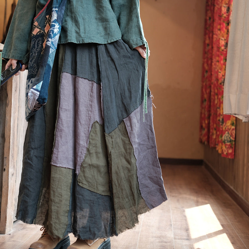 100% Linen Maxi Skirt with Hand Sewed Patchwork, linen autumn skirt, midi skirt linen, maxi skirt summer 231901t