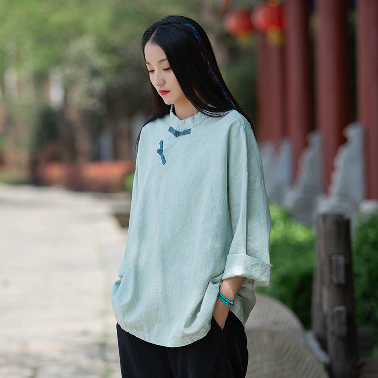Linen Cotton Women Blouse with Handwoven Buckle Button, LIZIQI inspired 050321a