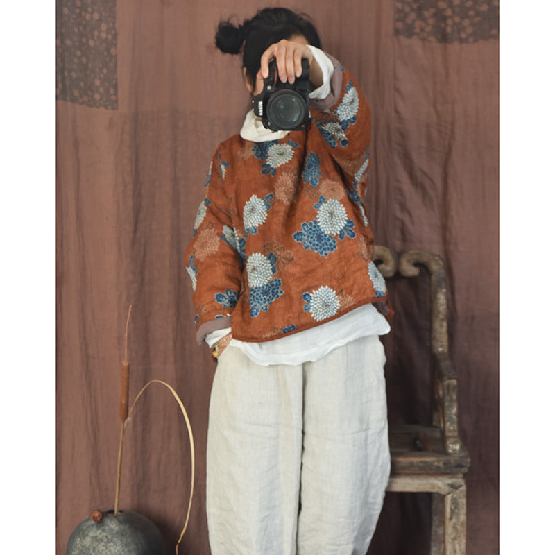 Linen Cotton Women Quilted Chinese Jacket with Vintage Print and Traditional Chinese Buttons 231917t