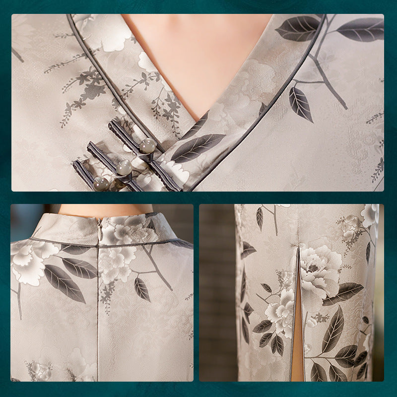 V Neck Floral Printed Cheongsam Midi Dress with Short Sleeves STB2049