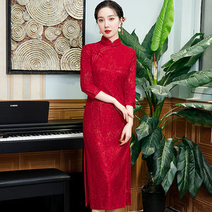 Red Lace Cheongsam Wedding Dress, Party Dress with Half Sleeves STB8014