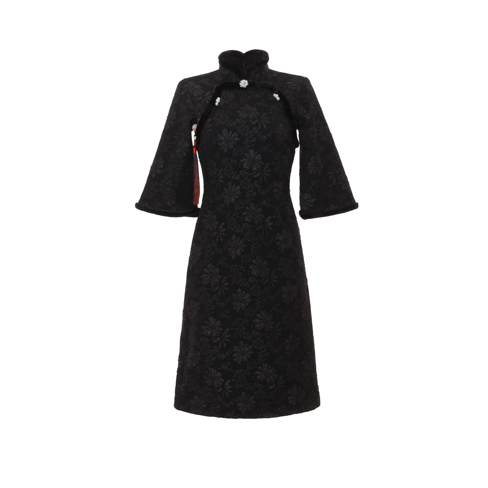 Autumn & Winter 3D Print Cheongsam Midi Dress with Tassel Brooch & Half Sleeves HQ4011