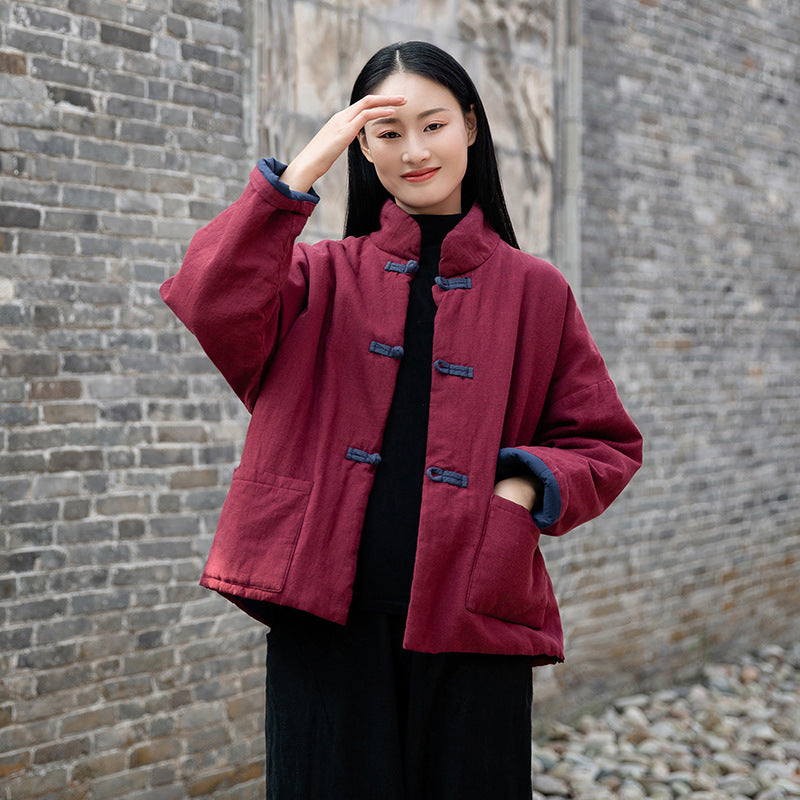 Ramie Linen Cotton Women Quilted Jacket with Pockets, Chinese style Hanfu 221301v
