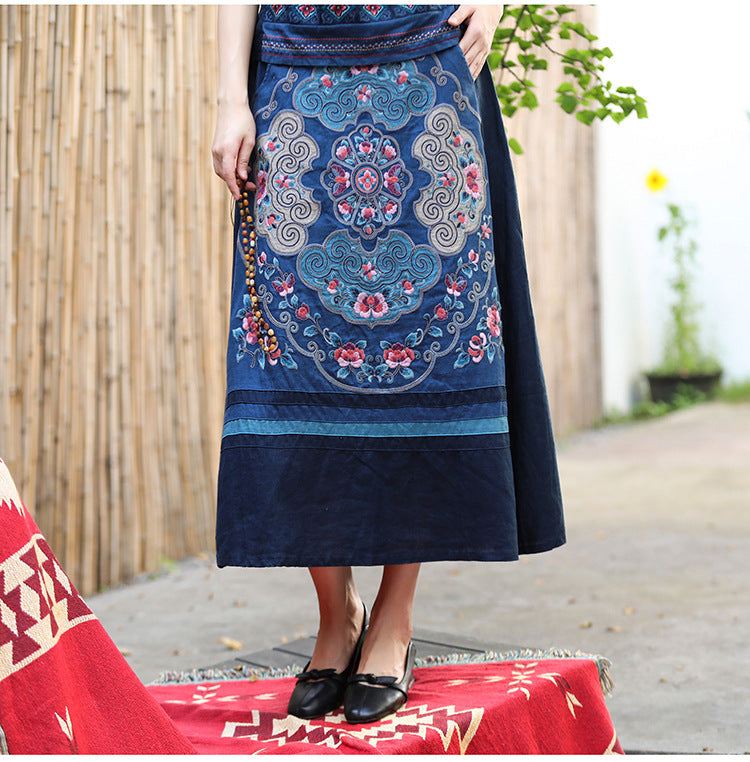 Patchwork Maxi Skirt with Yunnan Embroidery 221140a