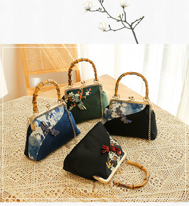 Handgemachte Cheongsam-Clutch-Handtasche mit Bambus-Henkel und chinesischen Knöpfen DL9922A
