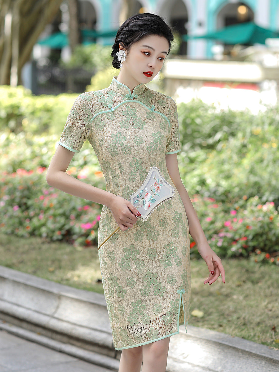 Asymmetric Floral Lace Cheongsam Midi Dress with Short Sleeve HQ2098