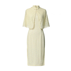 Luxury Lace Cheongsam Midi Dress with Cape HQ209M