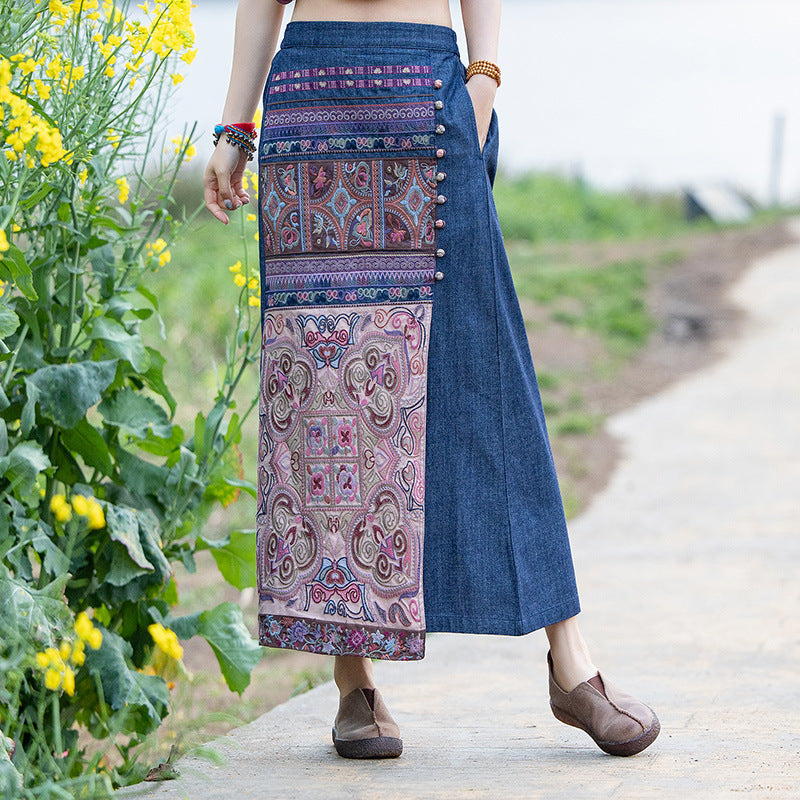 Patchwork Maxi Skirt with Yunnan Embroidery 221758b
