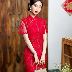 Red Lace Cheongsam Wedding Dress, Party Dress with Short Sleeves STB2132