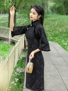 Autumn & Winter 3D Print Cheongsam Midi Dress with Tassel Brooch & Half Sleeves HQ4011