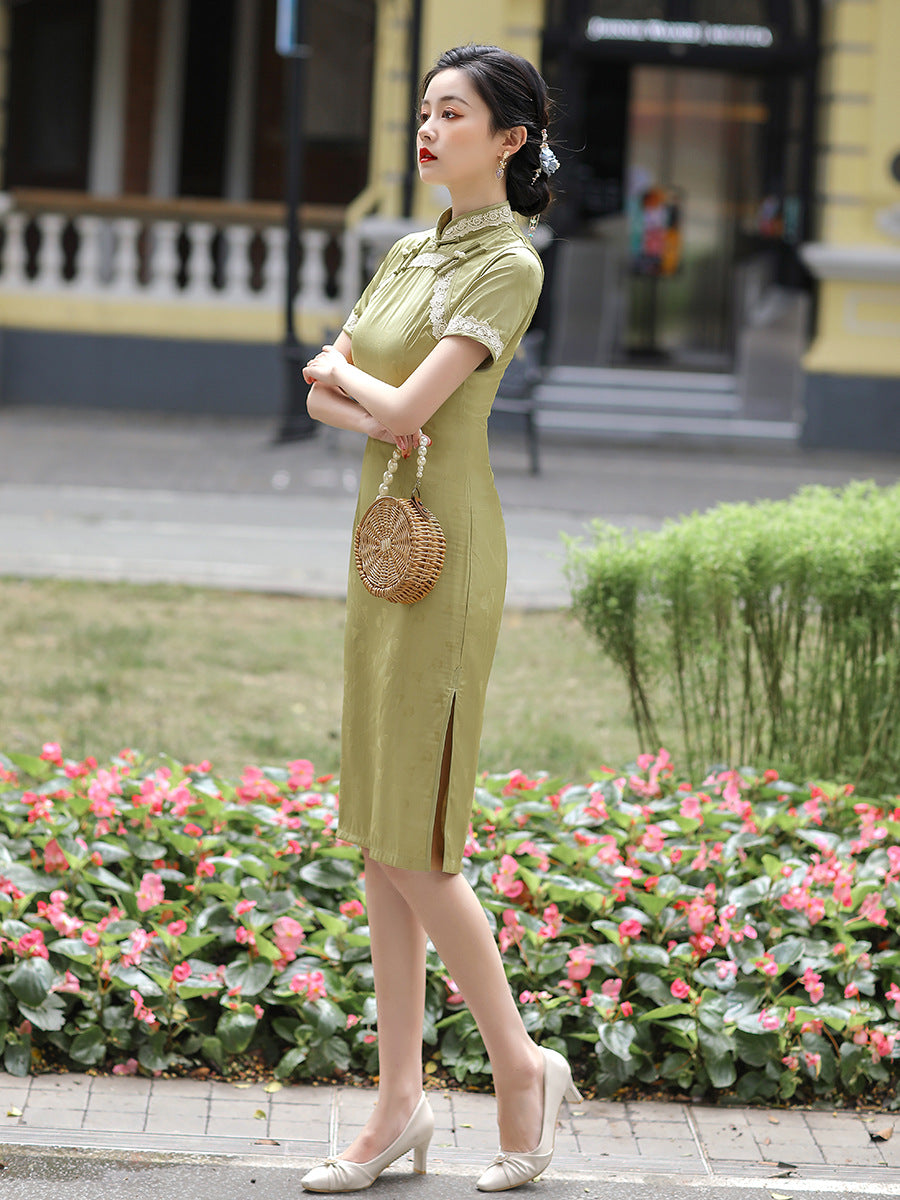 Floral Lace Cheongsam Midi Dress with Short Sleeve HQ231B