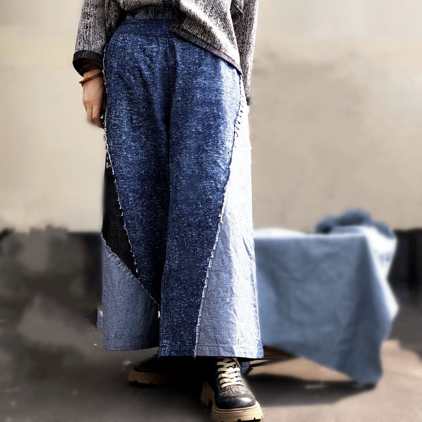 Patchwork Style Designer Jeans Culotte Women in Asymmetric Design, Cropped Pants Women Summer, Wide Leg Pants Linen 231834k