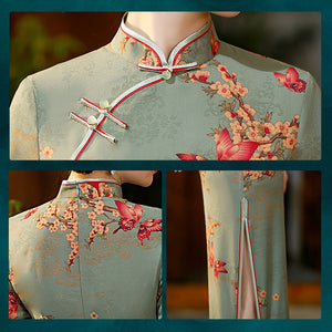 Floral Printed Cheongsam Midi Dress  with Short Sleeve STB2141