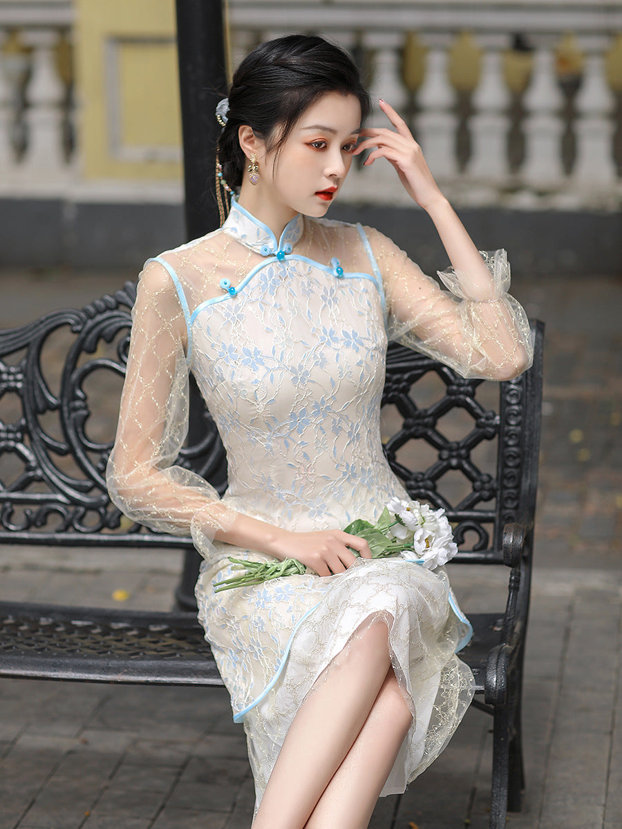 Layered Lace Cheongsam Midi Dress with Half Sleeve HQ2999