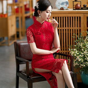 Red Lace Cheongsam Wedding Dress, Party Dress with Short Sleeves STB2155