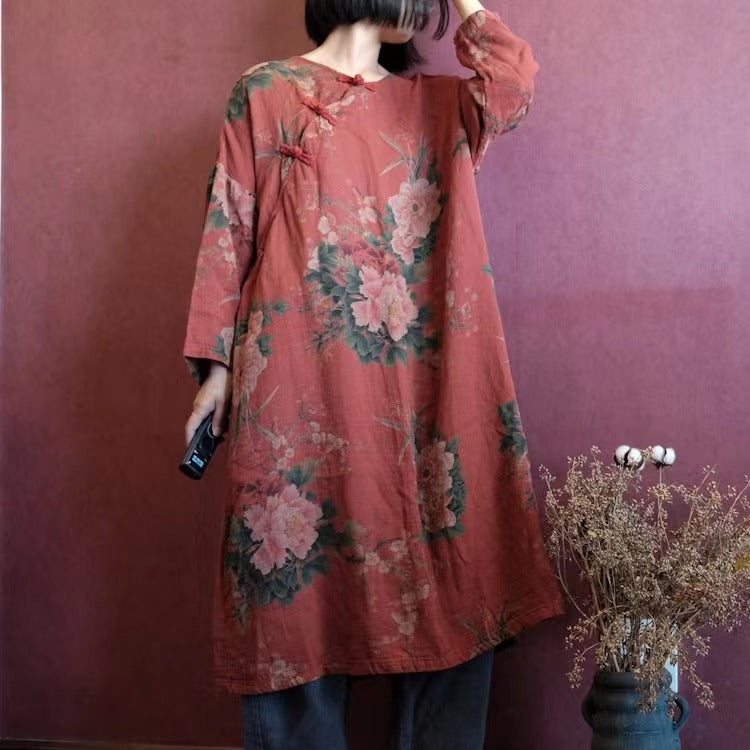 Cotton Vintage Women Tunic with Floral Print 228807a