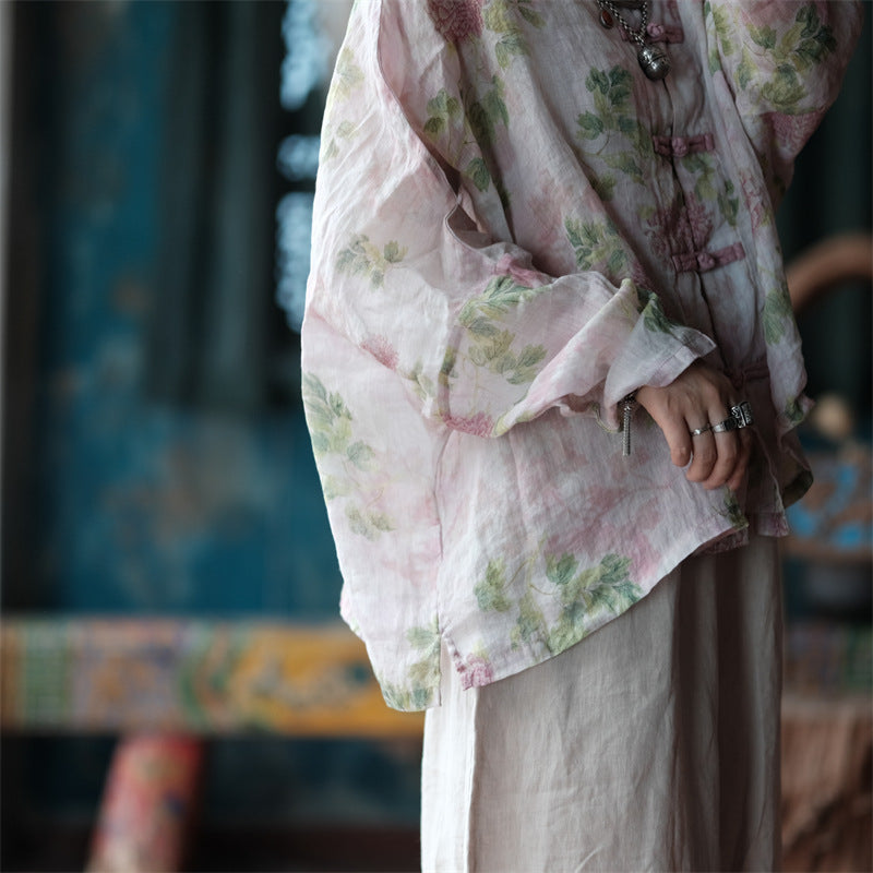 100% Ramie Linen Women Blouse with Floral Print, LINEN women Pullover, linen women Shirt, linen women top, liziqi 231417k