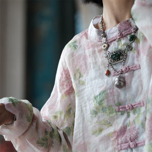100% Ramie Linen Women Blouse with Floral Print, LINEN women Pullover, linen women Shirt, linen women top, liziqi 231417k