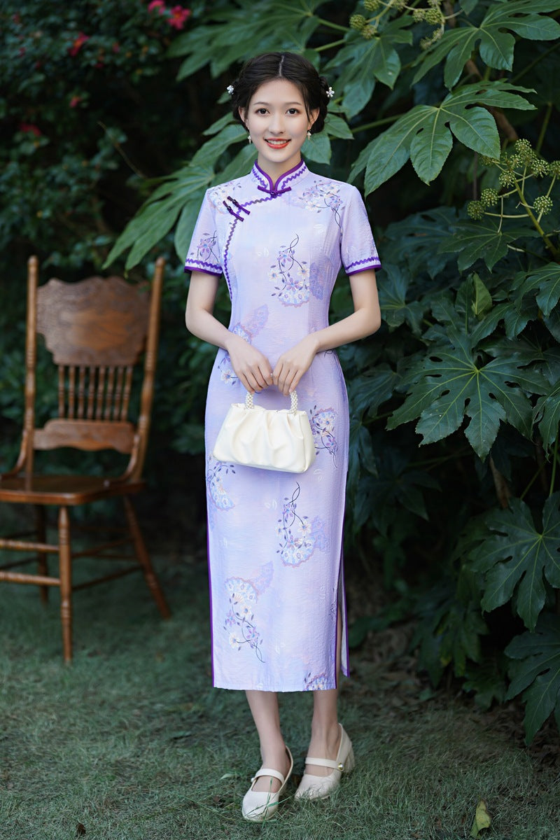 Tencel Cotton Maxi Cheongsam Dress with Short Sleeves HQ2235